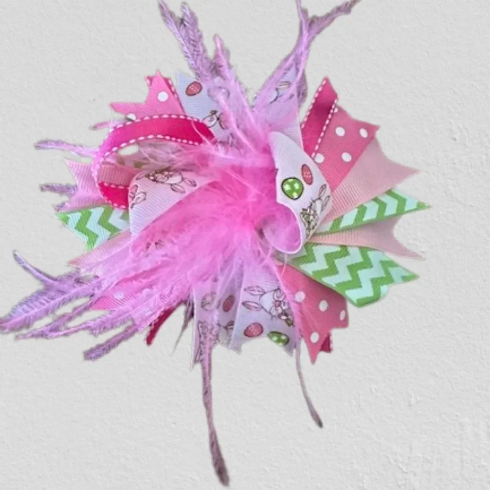 ****  Pink Easter Feather Deluxe Bow   5B4509  Handmade Boutique